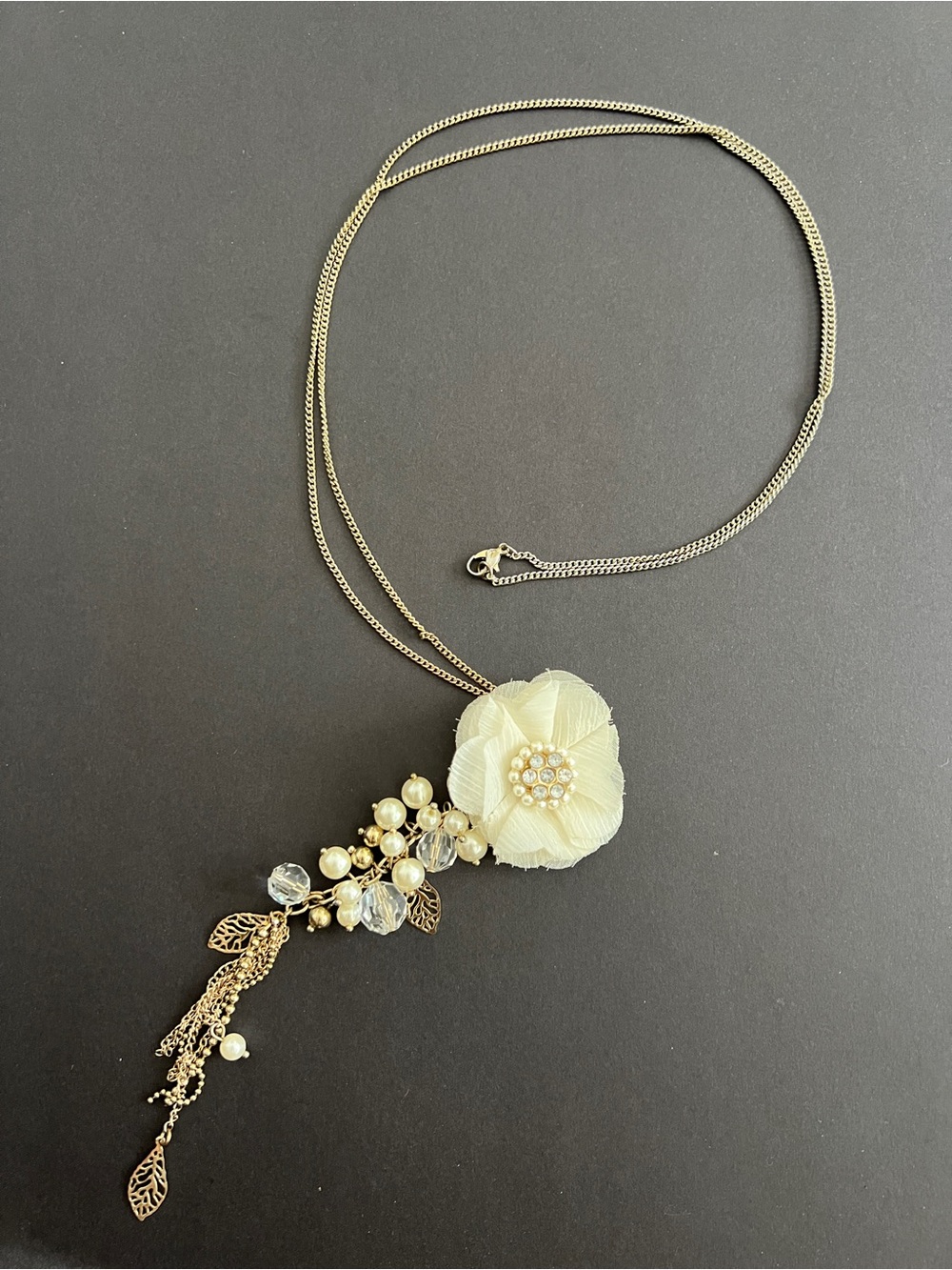 Ivory Floral Pendant Necklace with Pearl and Crystal Accents